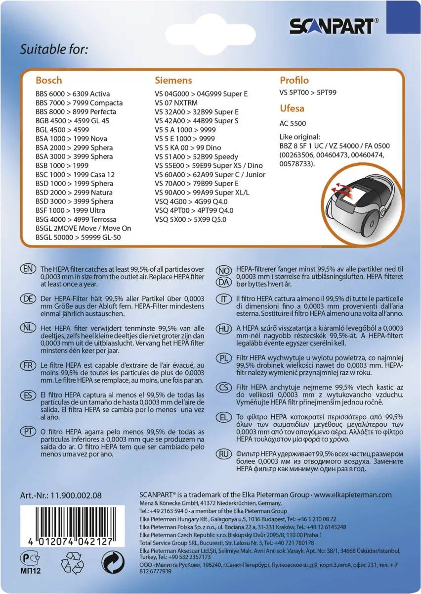 1190000208 HEPAfilter H12 (niet uitwasbaar)