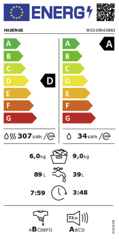 Hisense WD3S9043BB3 energielabel