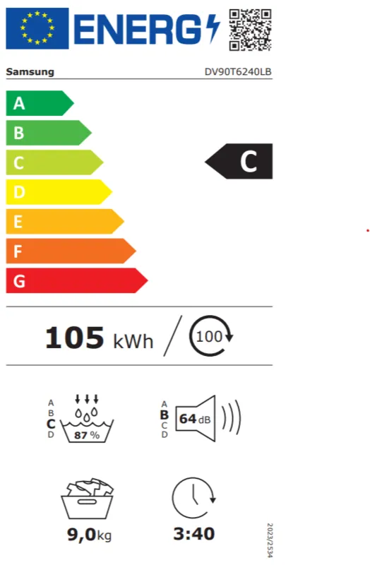 Samsung DV90T6240LB/S2 energielabel