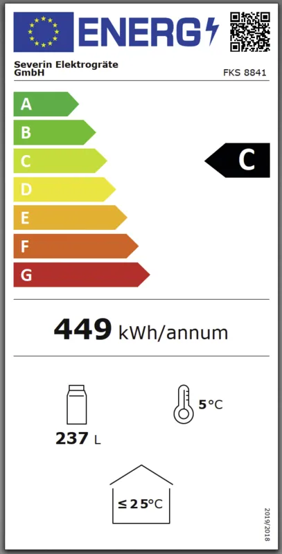 Severin FKS 8841 flessenkoelkast energielabel